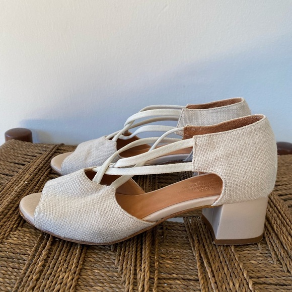Anthropologie Shoes Women’s 36 Naguisa Yerma Natural Linen Peep Toe Sandals Heel - Picture 3 of 11